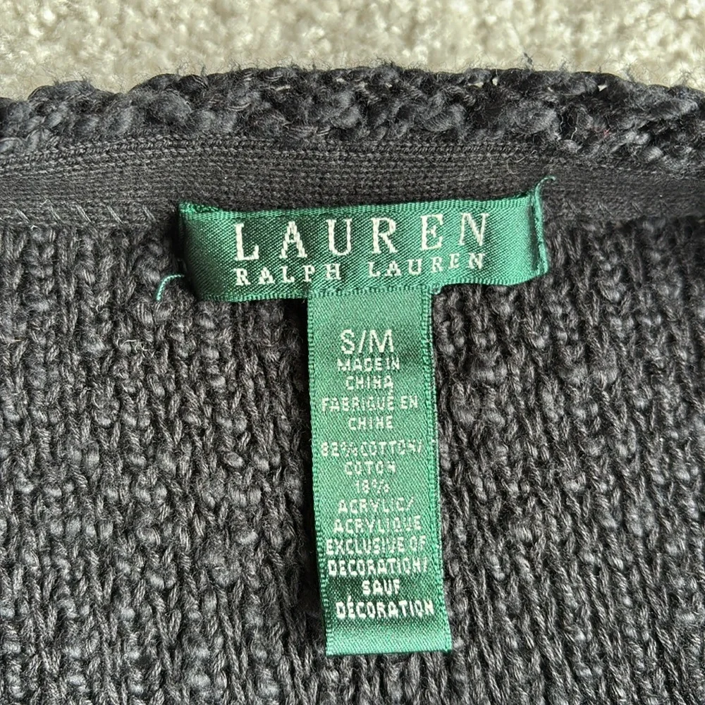 Ralph Lauren Black Chunky Knit Cotton Western Fringe Sweater Concert‎ Women M